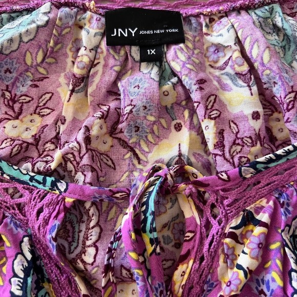 JNY Jones New York Women's 1X Boho Peasant Blouse Purple Paisley Tassel - Picture 4 of 5